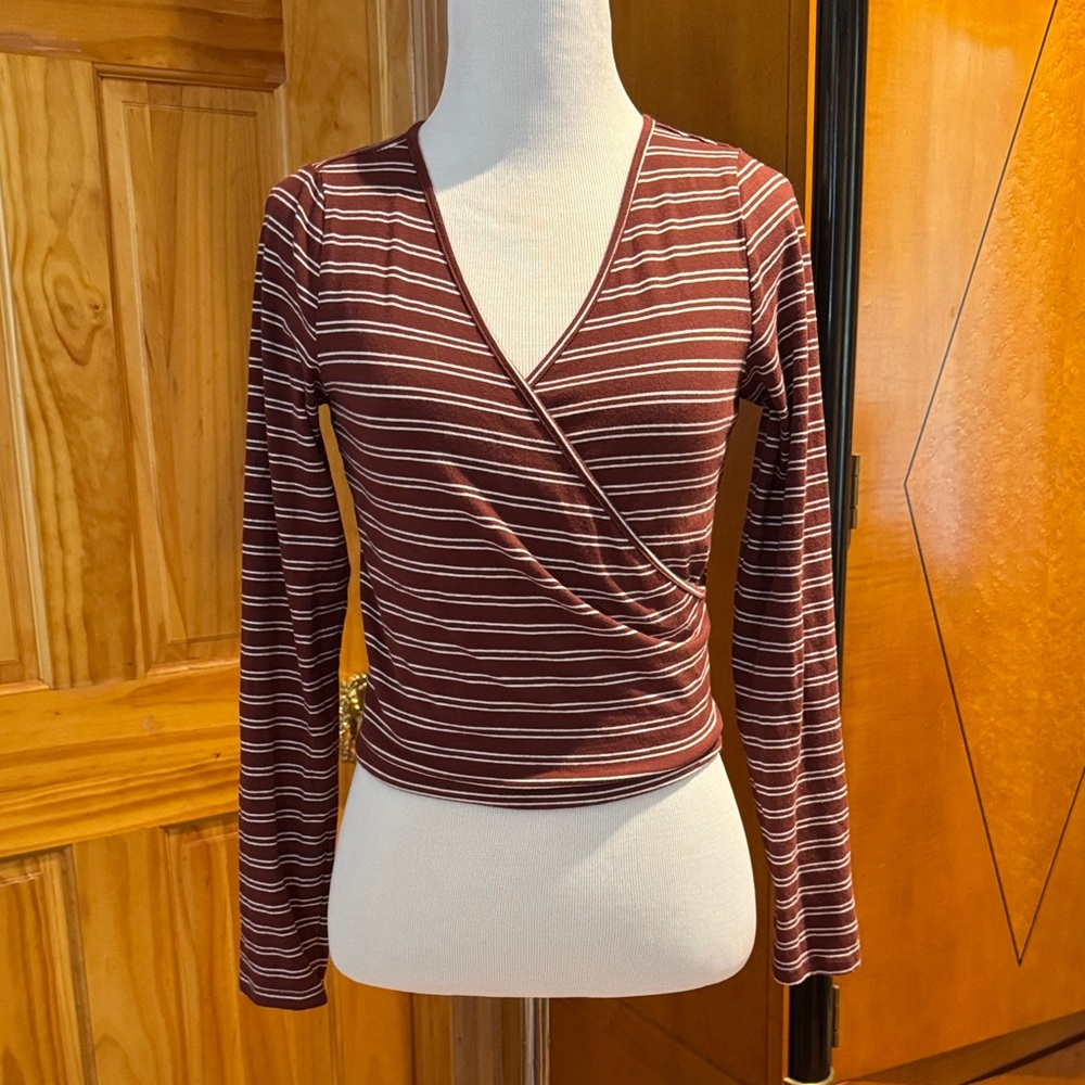 Forever 21 Brown and White Striped Wrap Blouse